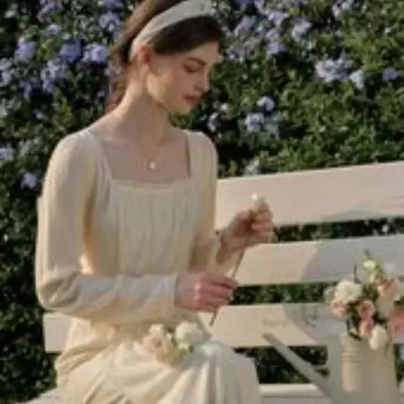 Simple Retro Lace Patchwork Cottage Core Yellow M Coquette Lace Dress - Picture 2 of 15